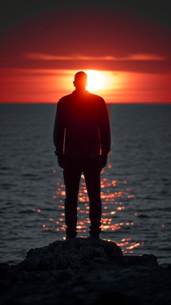 Contemplazione del crepuscolo La silhouette dell'uomo sullo sfondo verticale del cellulare al tramonto del Golfo di Finlandia