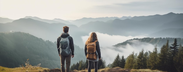 Contemplazione della natura da sola con i tuoi pensieri Coppia di escursionisti godono della vista della natura Escursioni e concetto di disintossicazione digitale Vita lenta