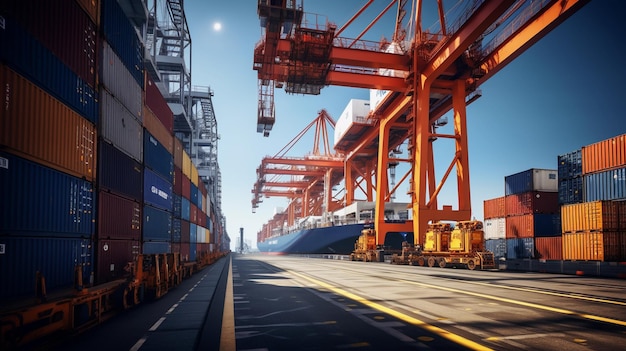 Contenitore a gru nella situazione logistica del porto con concetto di nave portacontainer ai