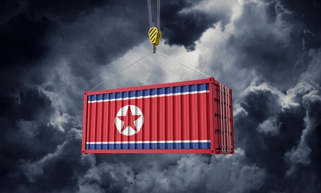 Contenitore di carico commerciale della Corea del Nord appeso contro le nuvole scure d rendering