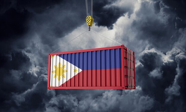 Contenitore di carico commerciale delle Filippine appeso contro le nuvole scure d rendering
