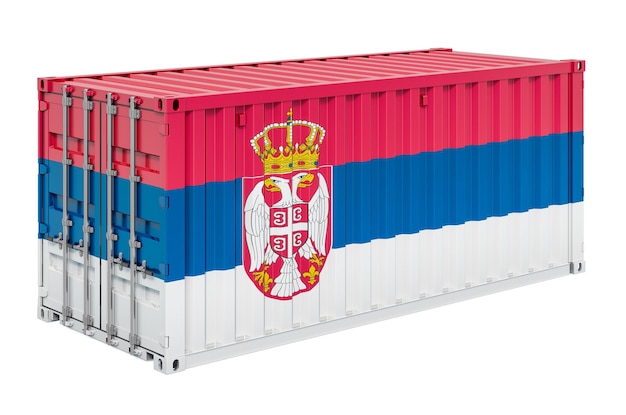 Contenitore di carico con bandiera serba rendering 3D isolato su sfondo bianco