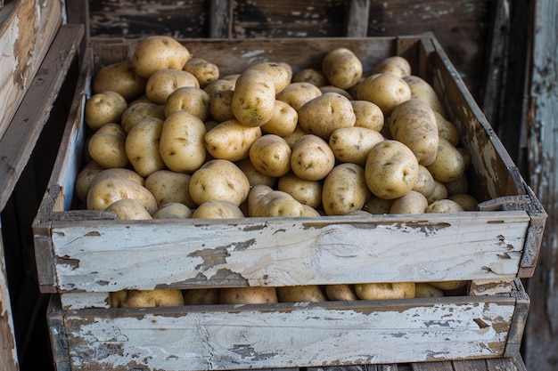 Contenitore di legno rustico con patate giovani