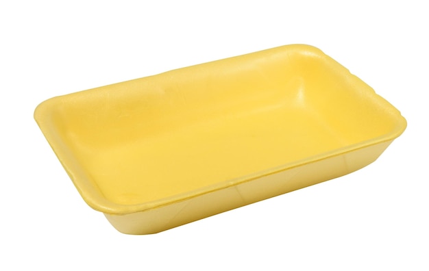 Contenitore di plastica giallo vuoto per prodotti su sfondo bianco