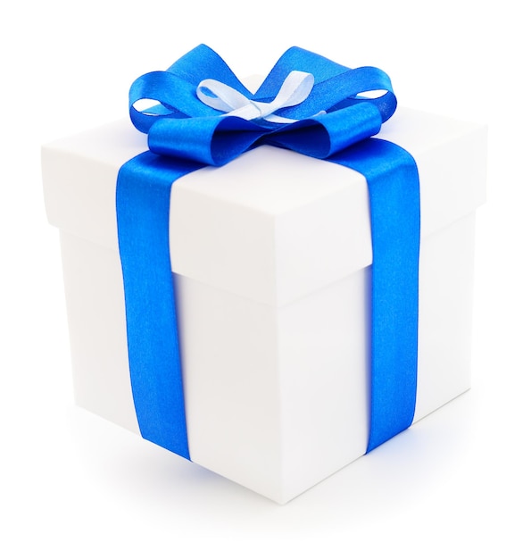 Contenitore di regalo bianco con nastro blu