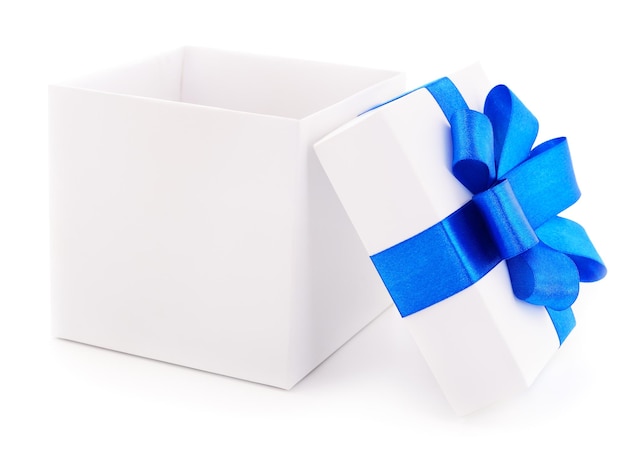 Contenitore di regalo bianco con nastro blu