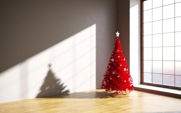 Contenitore di regalo dell'albero di natale della stanza interna di concetto di natale nell'interno della stanza bianca con il pavimento di legno