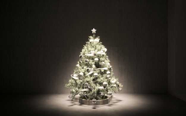 Contenitore di regalo dell'albero di natale della stanza interna di concetto di natale nell'interno della stanza bianca con il pavimento di legno