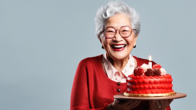 Contenitore di regalo senior sorridente felice della tenuta della donna sopra fondo grigio