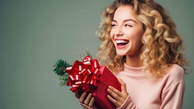 Contenitore di regalo sorridente felice della tenuta della donna sopra fondo verde