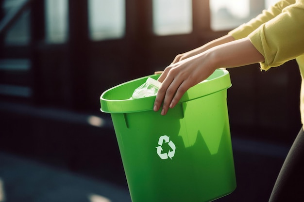 Contenitore di riciclaggio verde con simbolo bianco utilizzato dalla donna