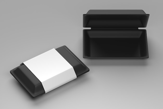 Contenitore di scatola di cibo nero usa e getta con confezione di etichette di copertura in cartone eco isolato - contenitore di scatola di cibo modello vuoto - 3d rendering