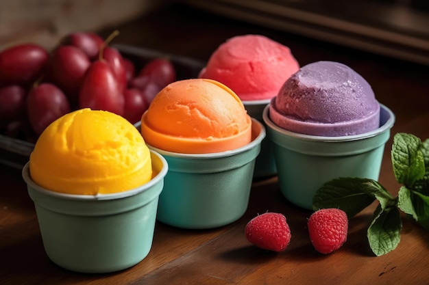 Contenitore di sorbetto in diversi gusti fruttati Celebrazione del giorno del gelato IA generativa