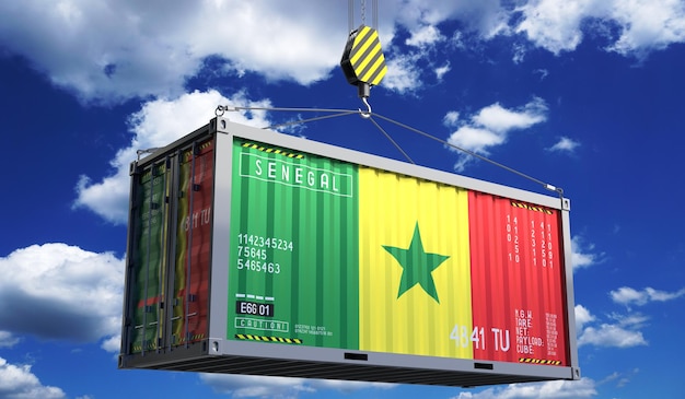 Contenitore di trasporto merci con bandiera nazionale del Senegal appeso a un gancio della gru illustrazione 3D