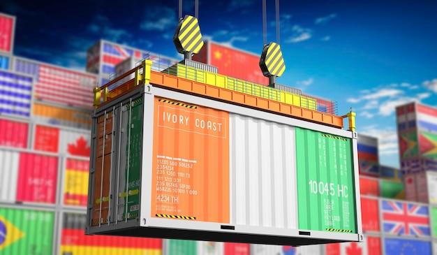 Contenitore di trasporto merci con bandiera nazionale della Costa d'Avorio illustrazione 3D