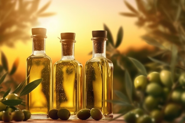 Contenitore di vetro con olio d'oliva su tavolo di legno e olive AI generativa