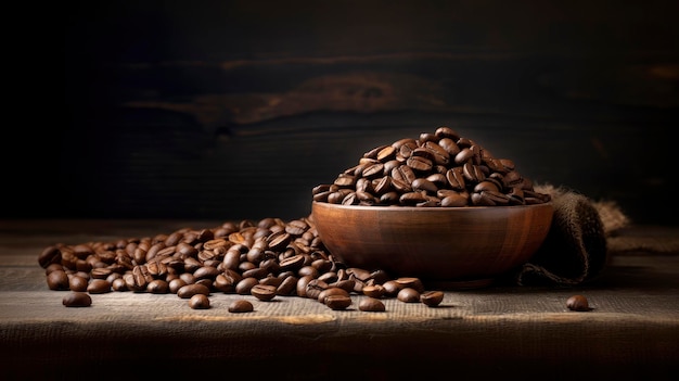 Contenitore in legno pieno di chicchi di caffè su uno sfondo di legno scuro Spazio per la copia Spazio per il testo