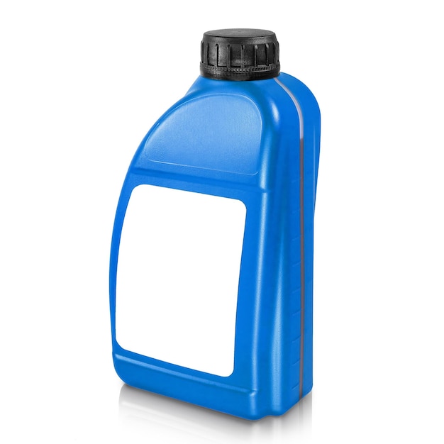 Contenitore in plastica isolato su sfondo bianco Contenitore blu con un'etichetta bianca vuota