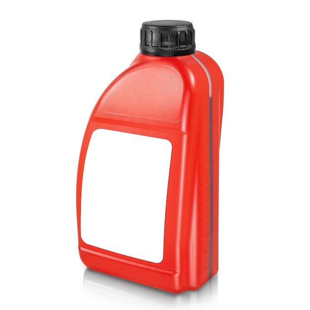 Contenitore in plastica isolato su sfondo bianco Contenitore rosso con etichetta bianca vuota e tappo nero