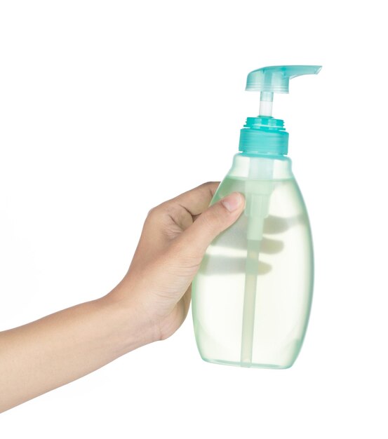 Contenitore in plastica per sapone liquido, gel, lozione isolato su sfondo bianco