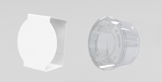 Contenitore per alimenti in plastica rotonda trasparente 3D con coperchio chiuso e vista ad angolo dell'etichetta in cartone bianco Modello realistico di scatola trasparente vuota da asporto e involucro di carta per il design dell'imballaggio isolato rendering 3D