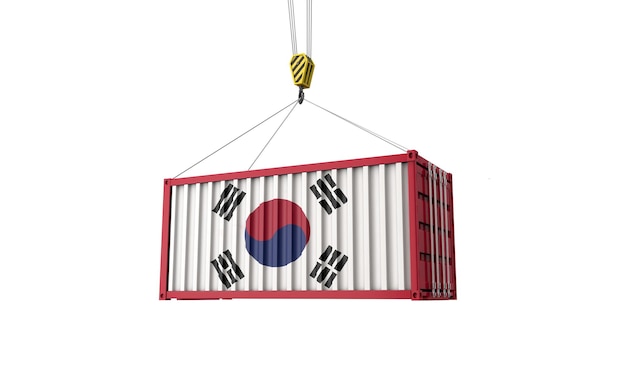 Contenitore per il commercio di merci con bandiera della Corea del sud appeso a una gru d rendering