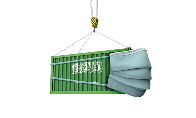 Contenitore per la spedizione del carico della bandiera dell'Arabia Saudita con maschera protettiva d rendering