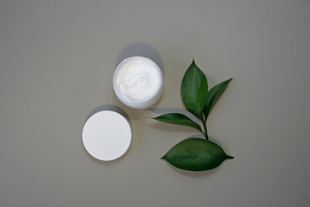 Contenitore per tubo mockup facciale in crema cosmetica o lozione per il corpo, foglie verdi sullo sfondo. Concetto di prodotto cosmetico naturale, vista dall'alto, spazio di copia.