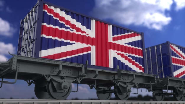 Contenitori con la bandiera del Regno Unito Trasporto ferroviario 3d rendering