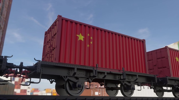 Contenitori con la bandiera della Cina Trasporto ferroviario 3d illustrazione