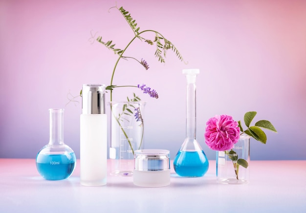 Contenitori cosmetici bicchieri da laboratorio una rosa e un rametto di piselli di topo