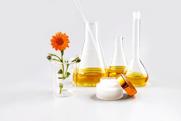 Contenitori cosmetici boccette da laboratorio e un fiore di calendula su sfondo grigio