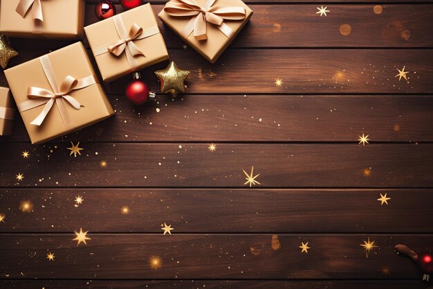 Contenitori e bagattelle di regalo di Natale su fondo di legno marrone