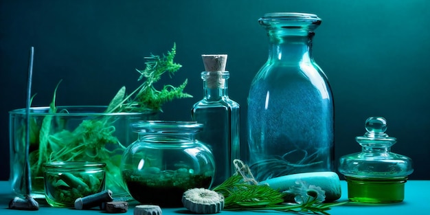Contenitori in vetro con erbe e cosmetici su sfondo blu