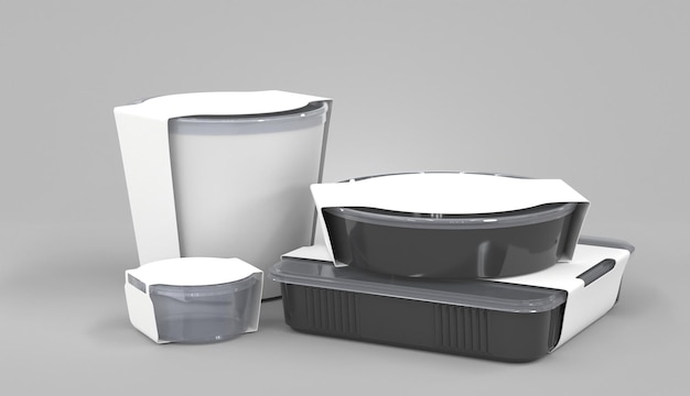 Contenitori per alimenti usa e getta in plastica realistici 3d con coperchi trasparenti ed etichette in cartone bianco Secchiello per gelato o maionese vasetto trasparente per salsa confezione rotonda per sushi quadrato nero mockup