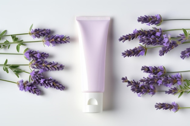 Contenitori vuoti per prodotti cosmetici con fiori freschi di lavanda naturale