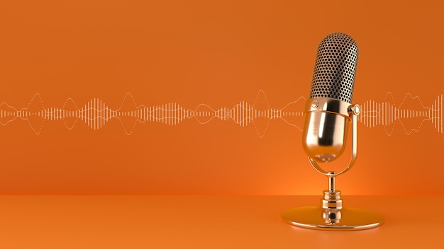 Contenuto del creatore Microfono e forma d'onda sonora su sfondo arancione Rendering 3d Podcast in streaming live
