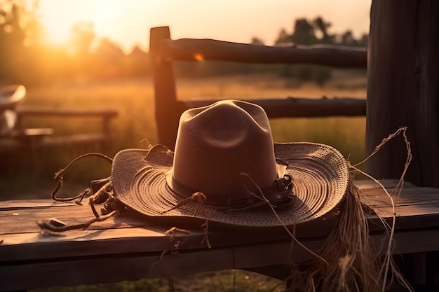 Contesto all'aperto rustico Tramonto Sfondo rurale con cappello da cowboy e corda da vicino Generativo ai