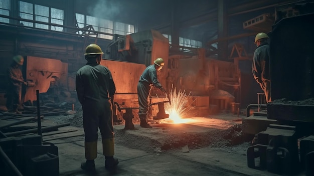Contesto dell'industria pesante dell'intelligenza artificiale generativa e lavoratori in una fabbrica con stampi per la fusione di metalli in un'acciaieria metallurgica