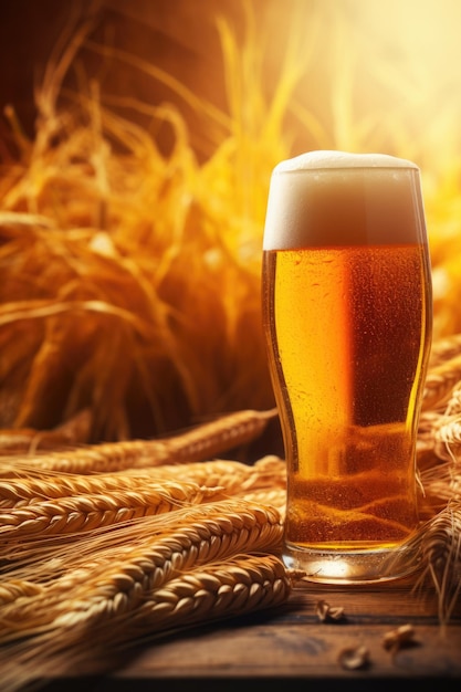 Contesto della giornata internazionale della birra Un bicchiere di birra circondato da grano e cereali grossolani