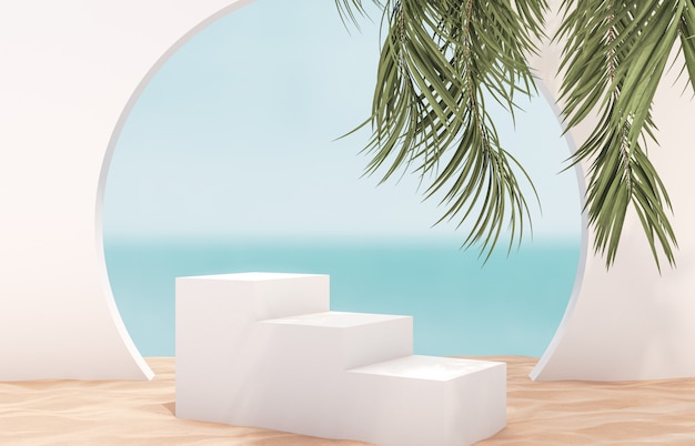 Contesto naturale della spiaggia di estate con la scala bianca e la palma per l'esposizione del prodotto