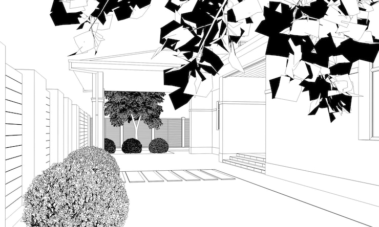Foto contorno di schizzo dell'illustrazione 3d di vista esterna del cottage moderno della casa
