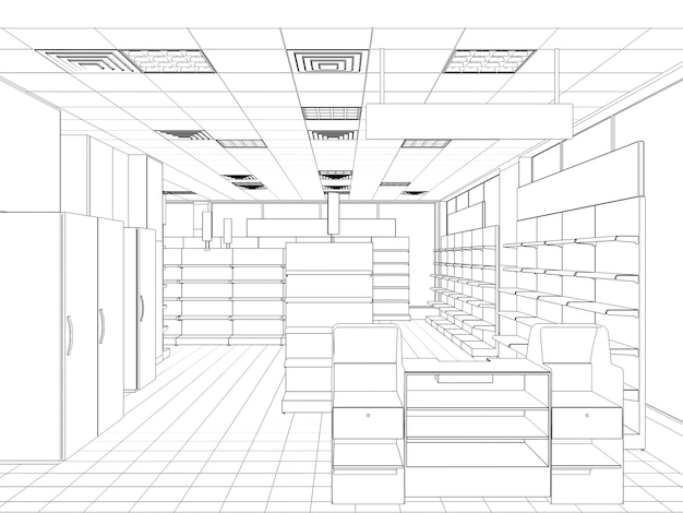 contorno di schizzo di illustrazione 3D di visualizzazione del contorno del centro commerciale