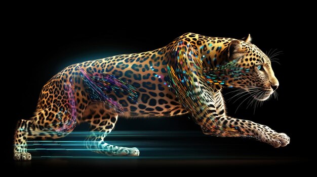 Contorno grafico astratto al neon di un leopardo un animale selvatico sfondo tecnologico isolato AI generato