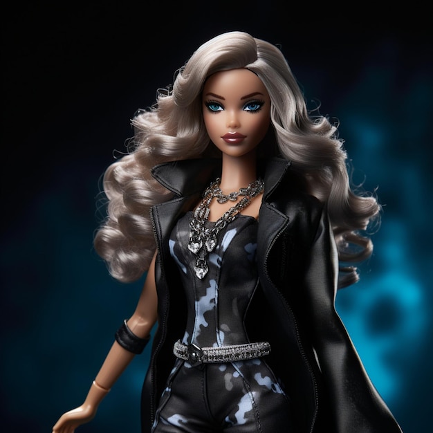 Contrasti chic La moda nera di Barbie fiorisce contro uno sfondo scuro