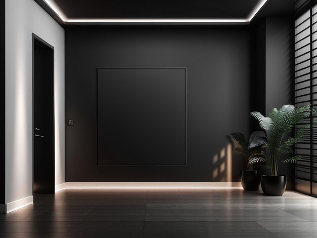 Contrasto di elementi Poster bianco vuoto in una sala scarsamente illuminata con pavimento nero