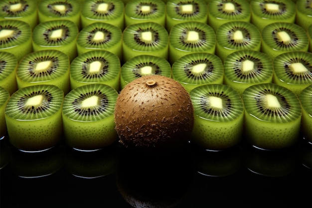 Contrasto di una singola fetta di kiwi tra kiwi freschi interi
