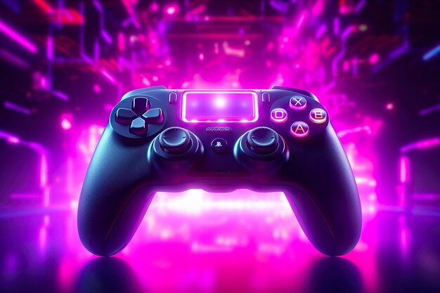 Controller di videogiochi con strisce di luce al neon luminose Sfondio del giocatore di computer Rendering 3D dell'ottano Idee di concetto di gioco AI Generativo