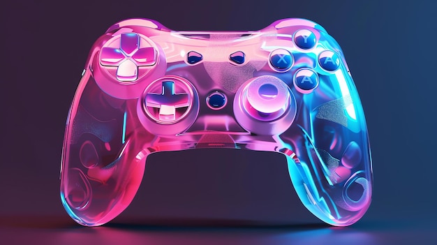 Controller di videogiochi cristallino con luci al neon rosa e blu luminose Concetto di gioco futuristico