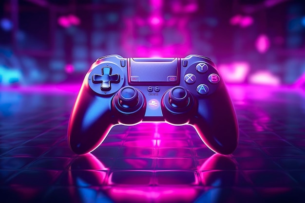 Controller per videogiochi con strisce di luce al neon luminose Sfondo del giocatore di computer Rendering di ottano 3D Idee concettuali di gioco AI generativo